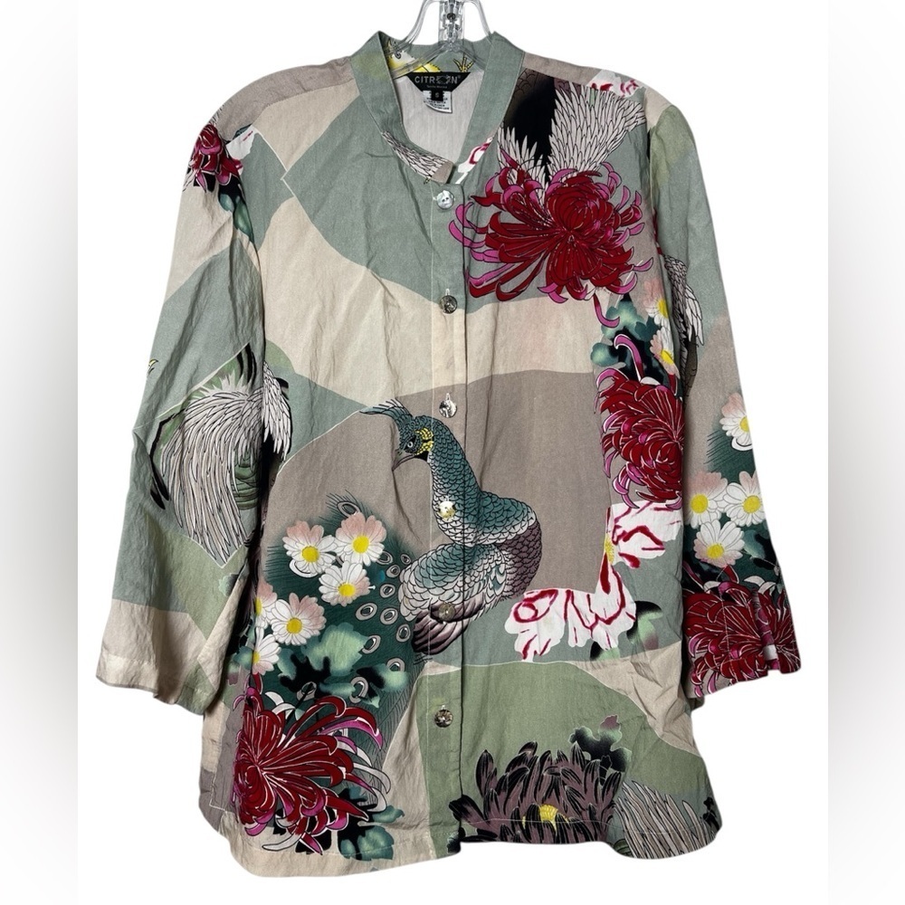 Citron Clothing Wearable Art Rooster and Peacock Blouse Womenâs Small